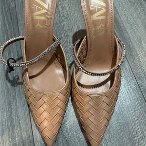 Zara Tan Woven Heels with Rhinestone Detail